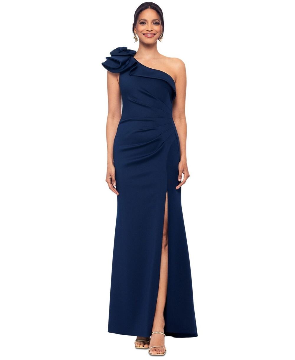 XSCAPE Petite Ruffled One-Shoulder Side-Slit Gown Blue Size 4P 4084